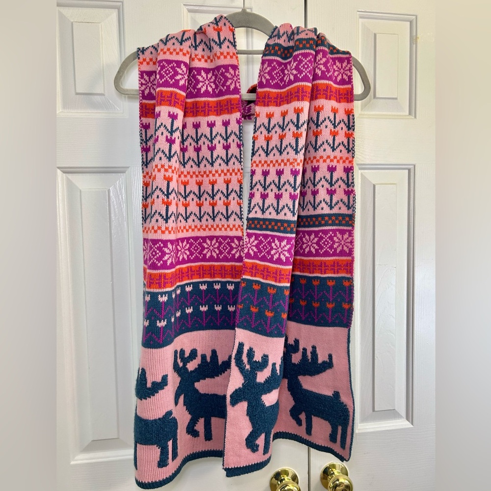 Reindeer Snowflake Fair Isle Tulip Floral Pink & Navy Blue Cozy Winter Scarf